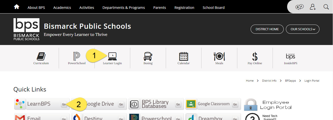 LearnBPS Log In from District Learner Login to BPSapps screenshot