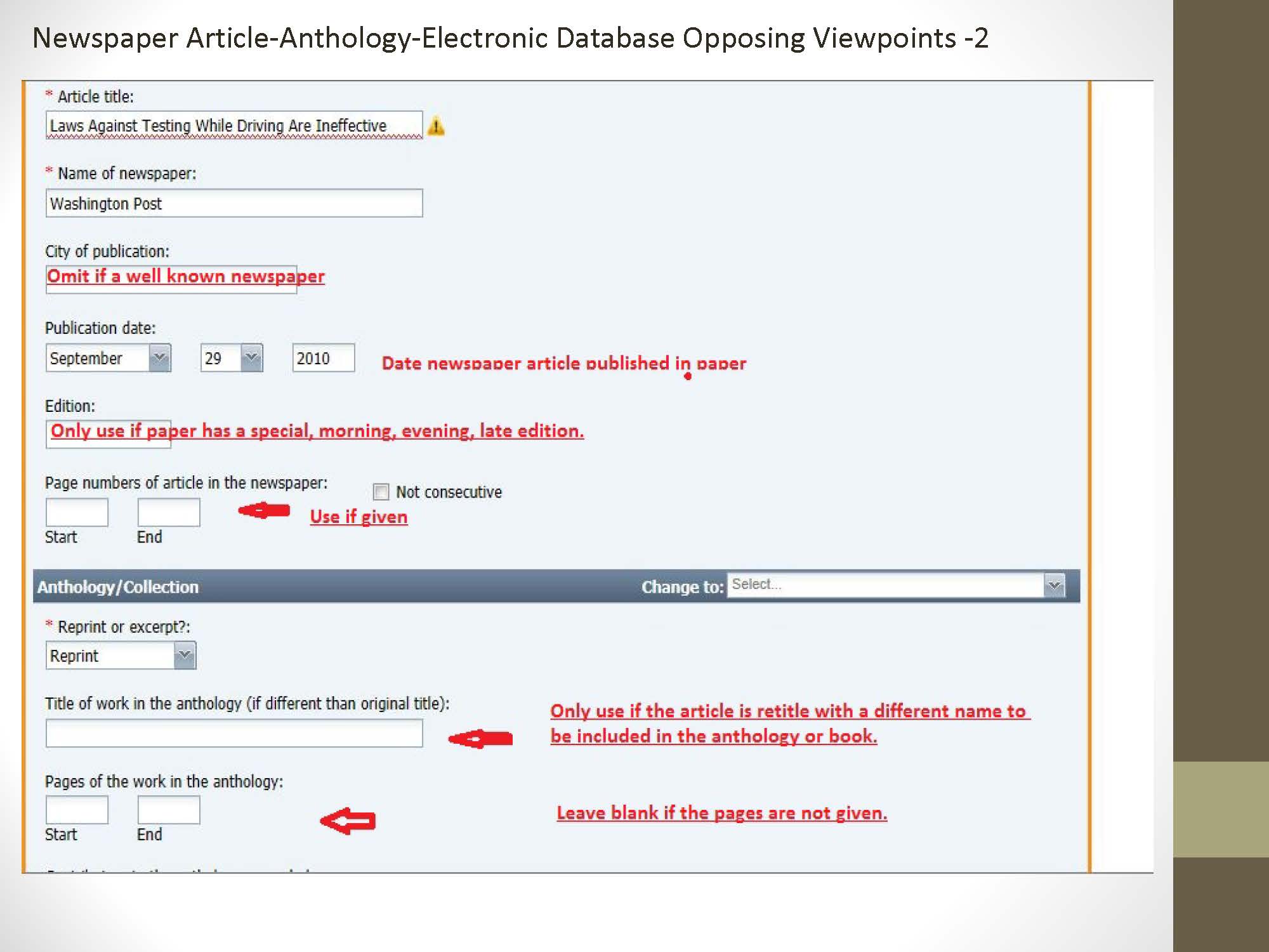 Step 2 in Citing a Newspaper Article in an Anthology located in an Electronic Database