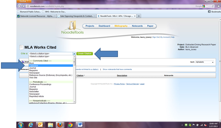Select Database and create a new citation in NoodleTools