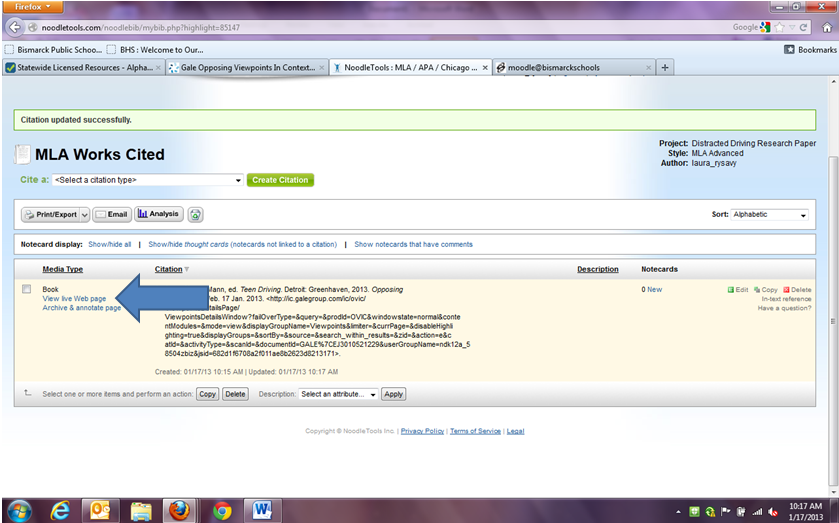 Click on "View Live Webpage" to access your article from NoodleTools