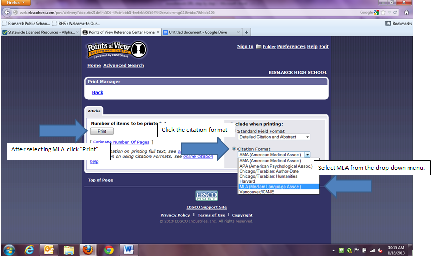 Change the Citation Format to MLA and click Print