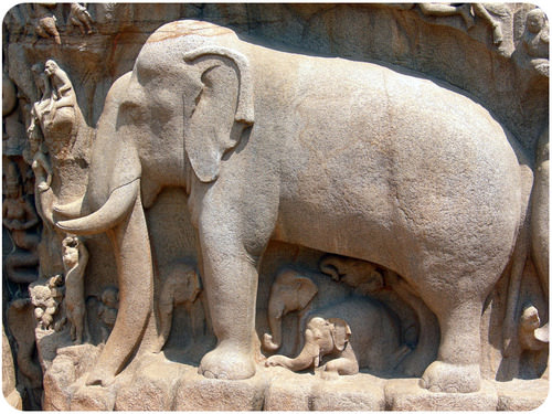 Image of life-size elephant is carved from granite