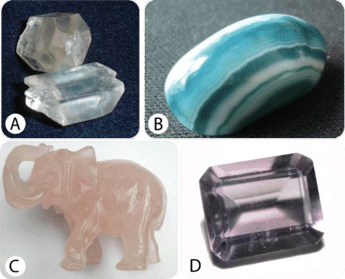 (A) transparent quartz, (B) blue agate, (C) rose quartz, and (D) purple amethyst.