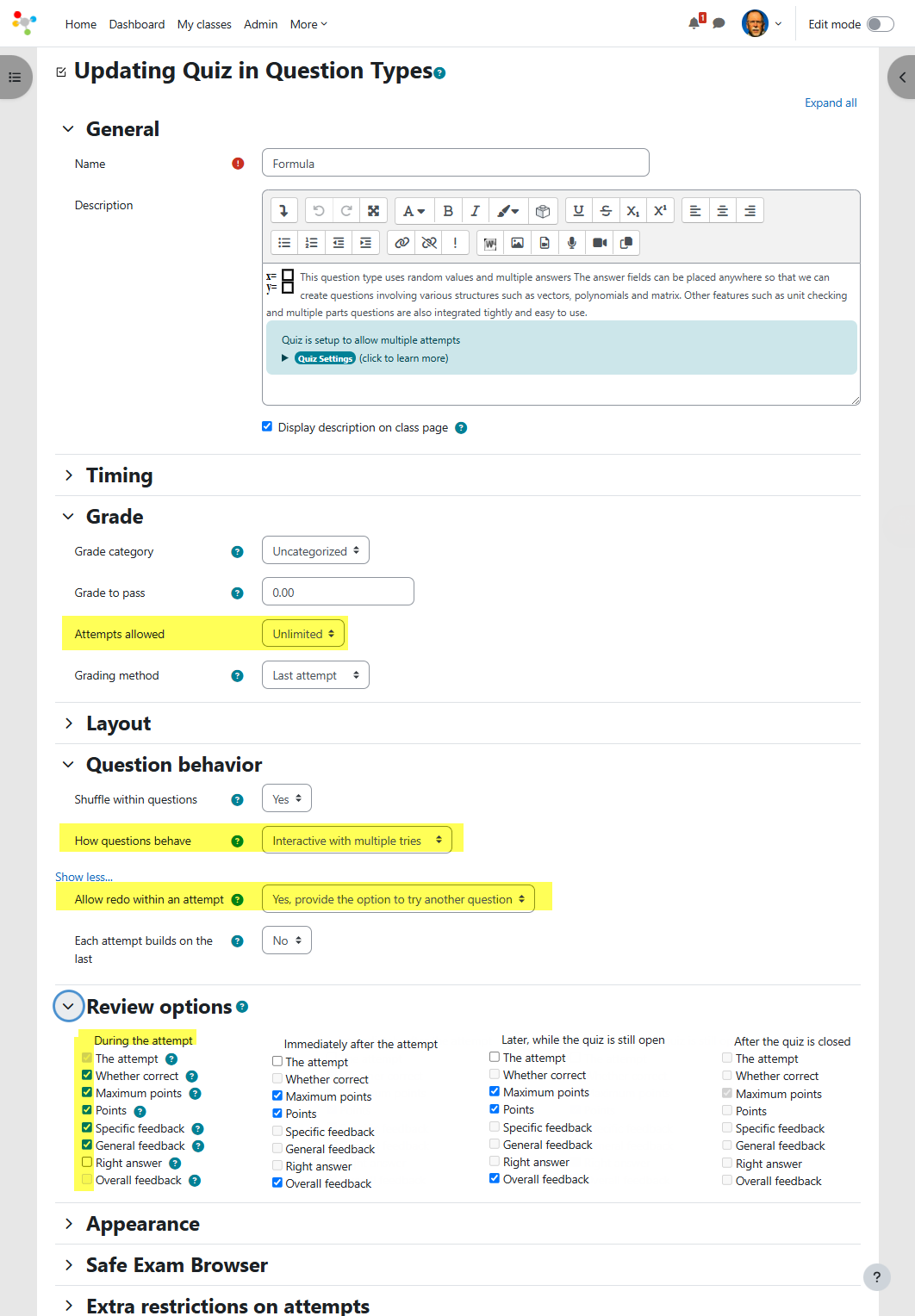 Moodle Quiz Settings for a Practice