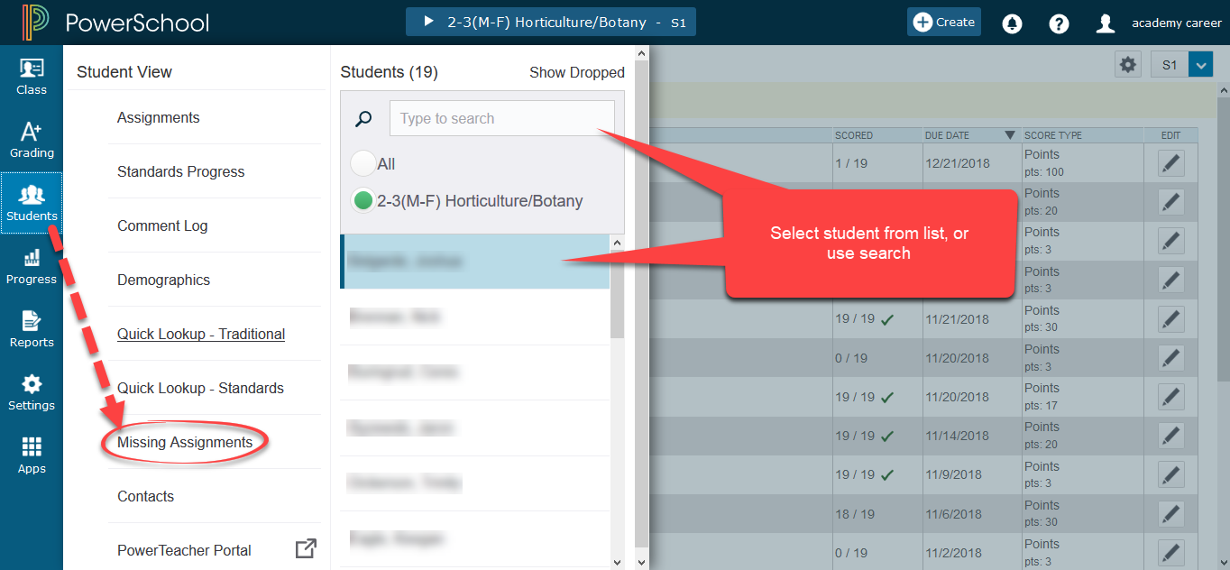 students -> missing assignments gradebook graphic