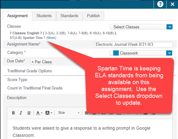 image of assignment configuration panel in PowerTeacher Pro