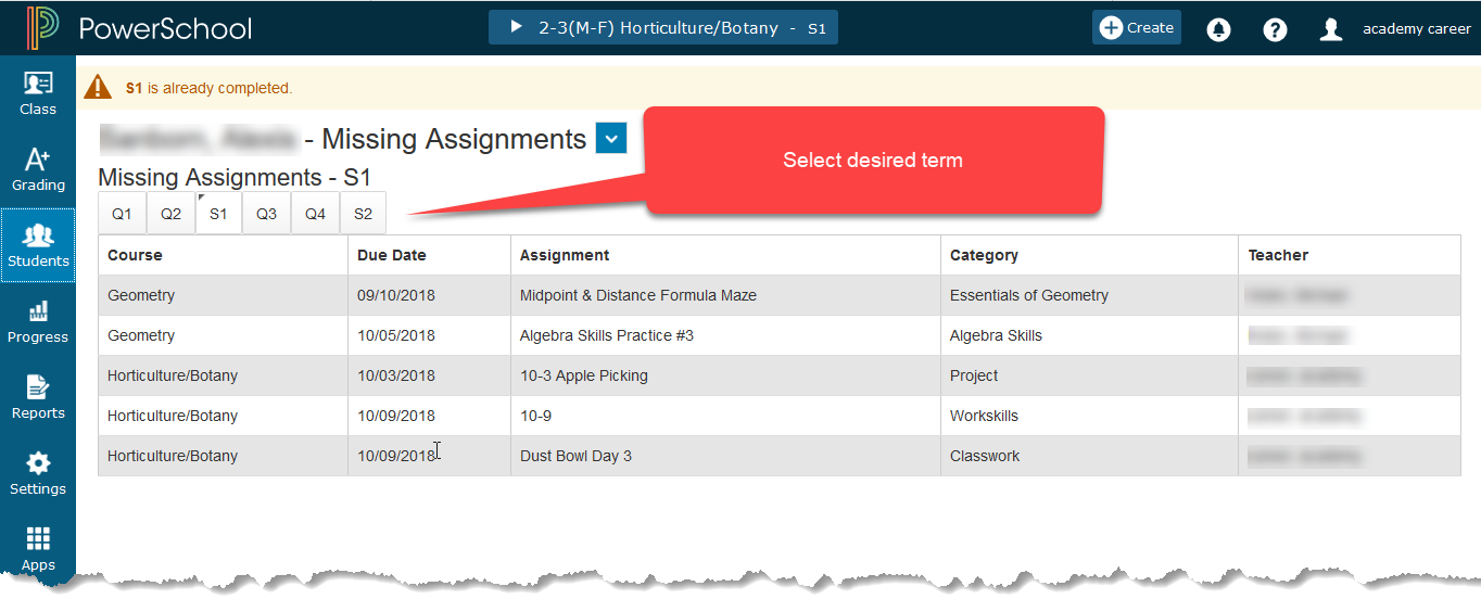 missing assignments gradebook view