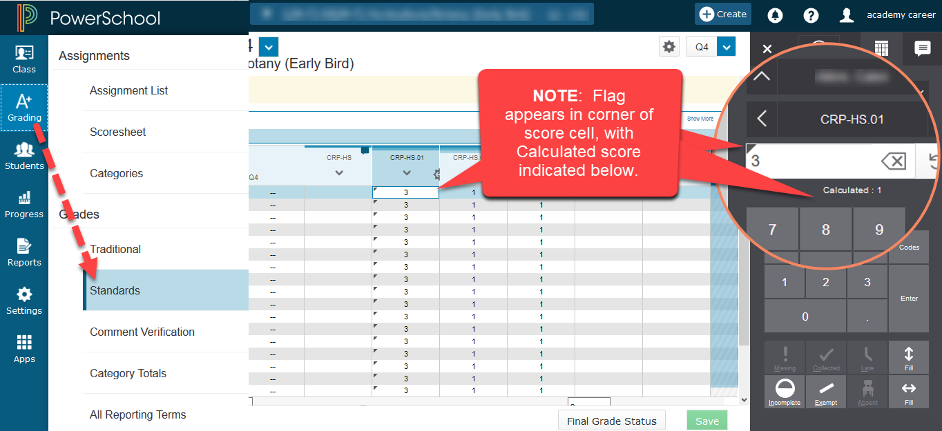 graphic of overwritten final standard score in gradebook