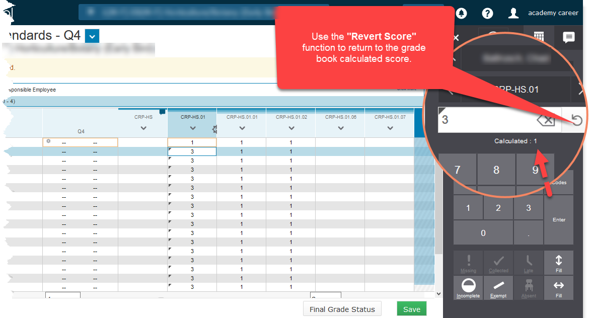 graphic of reverting final standard score in gradebook