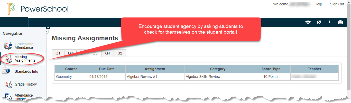 student portal view of missing assignments
